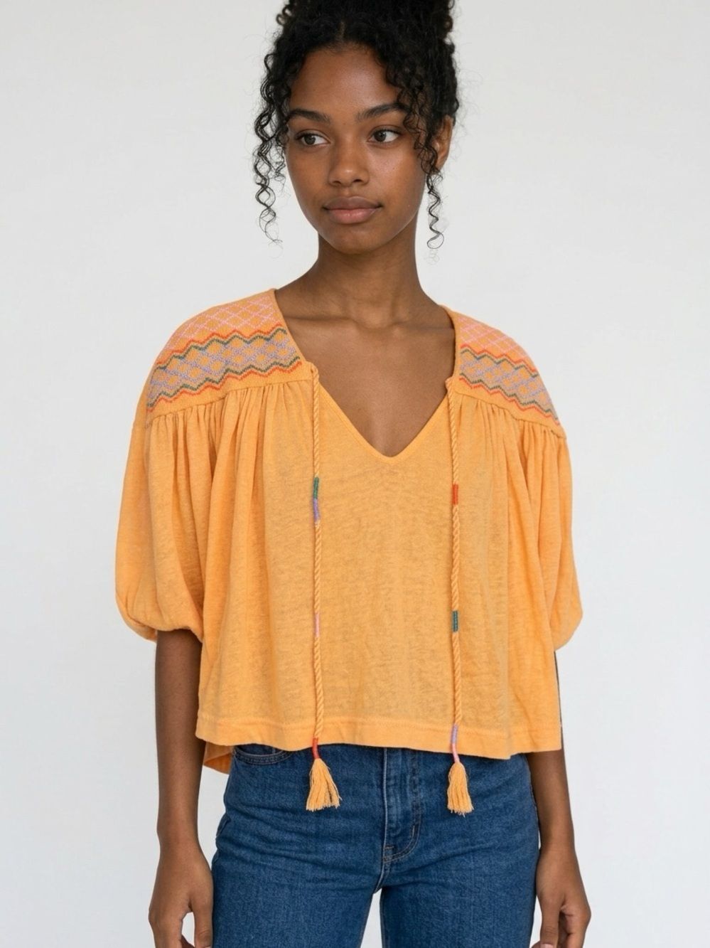 FREE PEOPLE | Lightweight Orange V-Neck Embroidered Peasant Top Women’s Size S